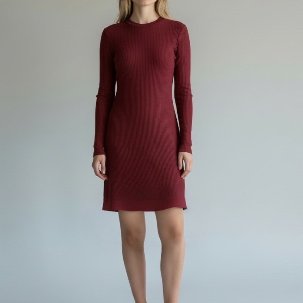 Reformation Ribbed Burgundy Tencel‎ Bodycon Dress Small Minimalist Long‑Sleeve